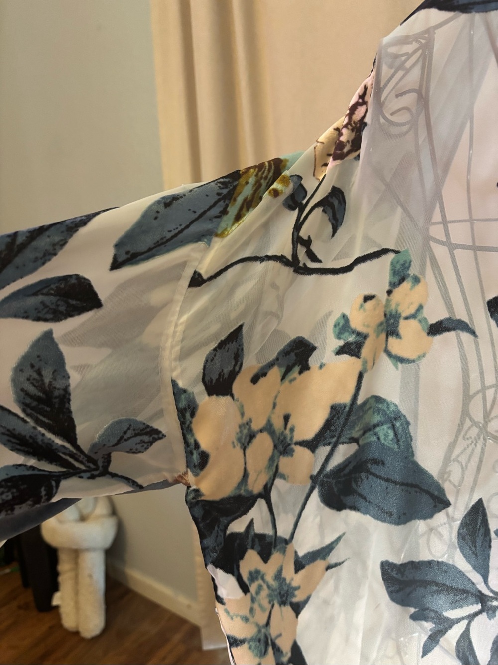 Chico's White Sheer Floral Kimono with Blue and Green Accents - Picture 9 of 14